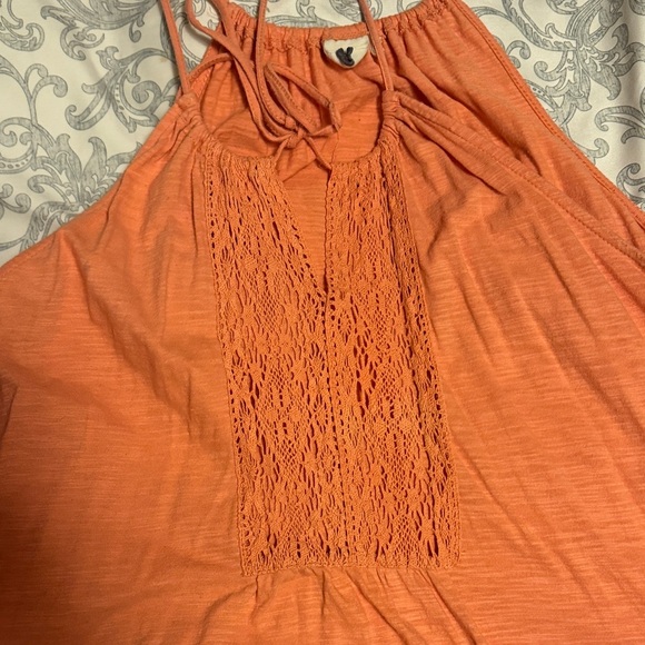 Chic Coral Orange Halter Dress with Crochet Detail - Picture 2 of 5